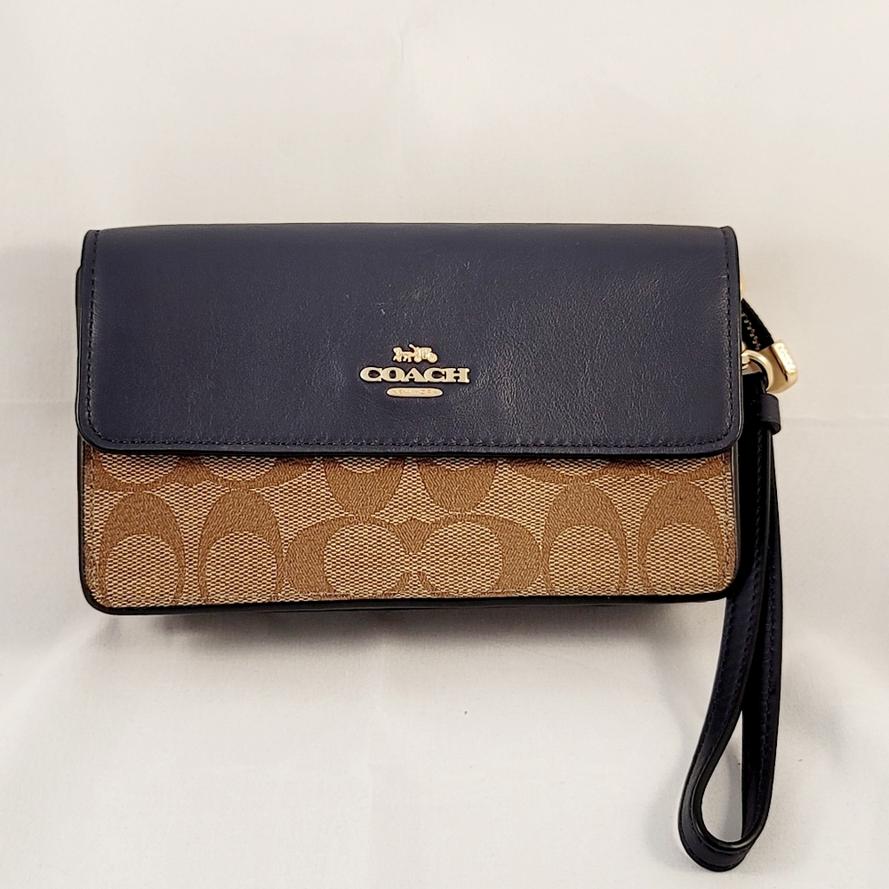 Coach Signature Foldover Dark Brown/Black Canvas Leather Wristlet Wallet Clutch